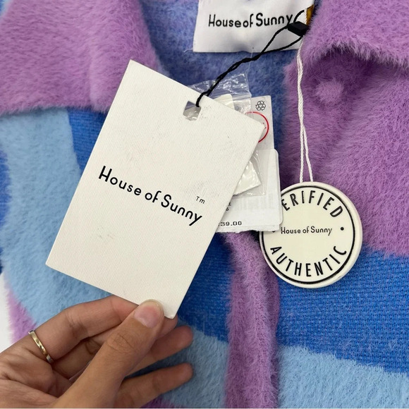 House of Sunny Good Vibrations Blue Purple Fuzzy Striped Artsy Bodysuit 6 NWT - Picture 6 of 9